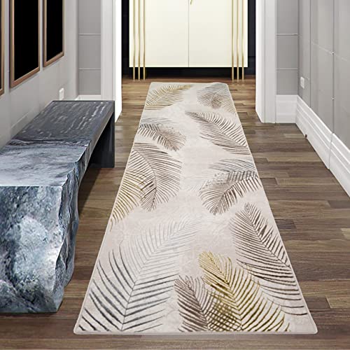 Teppich-Traum FLURLÄUFER schmaler Gang | Designer Teppich Wohn- & Schlafzimmer Palmenzweige Creme grau Gold Größe 80 x 300 cm von Teppich-Traum