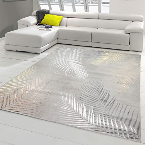 Teppich-Traum Designer Teppich Flur Wohn- & Schlafzimmer • hell-dunkel Effekt Palmenzweige grau Gold glänzend, Größe 160x230 cm von Teppich-Traum