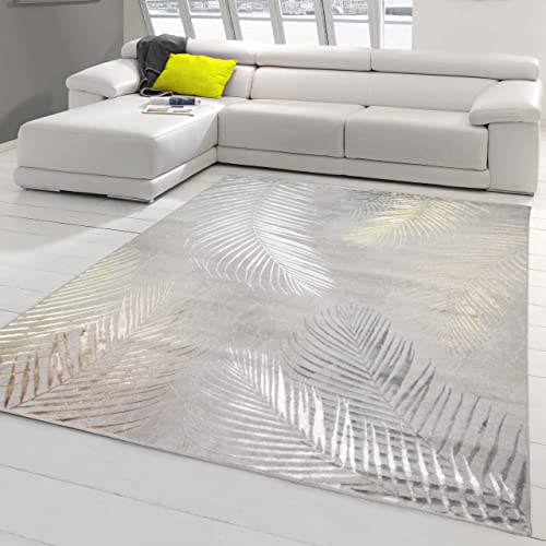 Teppich-Traum Designer Teppich Flur Wohn- & Schlafzimmer • hell-dunkel Effekt Palmenzweige grau Gold glänzend, Größe 240x340 cm von Teppich-Traum