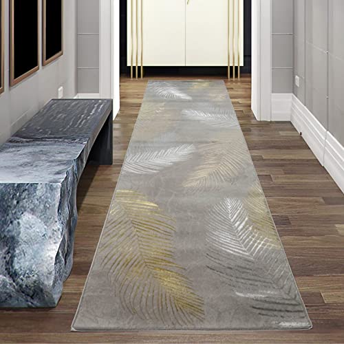 Teppich-Traum Bettumrandung Designer Teppich Flur Wohn- & Schlafzimmer • hell-dunkel Effekt Palmenzweige grau Gold glänzend, Größe 80 x 300 cm von Teppich-Traum