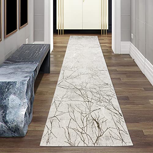 Designer Läufer Teppich Flur & Schlafzimmer | abstraktes glänzendes Ästemuster hell-dunkel Effekt Creme, Größe 80 x 300 cm von Teppich-Traum
