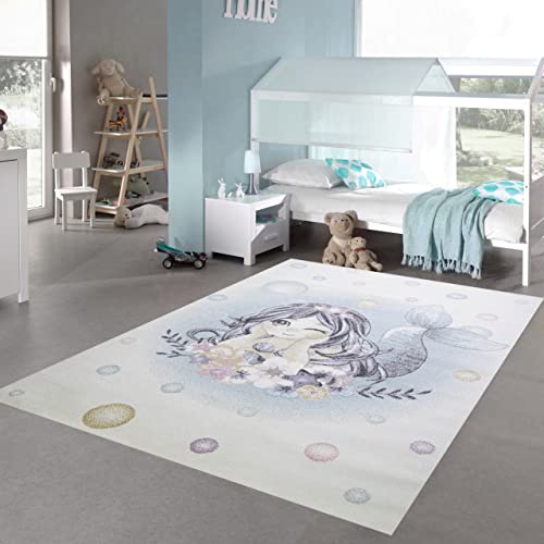 Teppich-Traum Kinderzimmer Spielteppich • allergikerfreundlich • Meerjungfrau Blumen Seifenblasen Creme türkis, Größe 140x200 cm von Teppich-Traum
