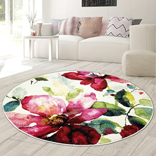 Designer Teppich Moderner Teppich Wohnzimmer Teppich Blumenmotiv Creme Grün Türkis Rosa Pink (120 cm Rund) von Teppich-Traum