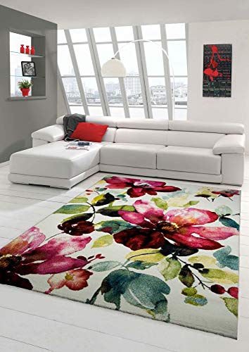 Designer Teppich Moderner Teppich Wohnzimmer Teppich Blumenmotiv Creme Grün Türkis Rosa Pink Größe 200 x 290 cm von Teppich-Traum