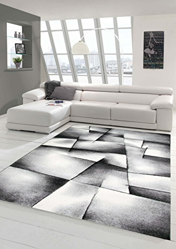 Teppich-Traum Designer Teppich Moderner Teppich Wohnzimmer Teppich Kurzflor Teppich Konturenschnitt Karo Muster Grau Schwarz Weiss Größe 200 x 290 cm von Teppich-Traum