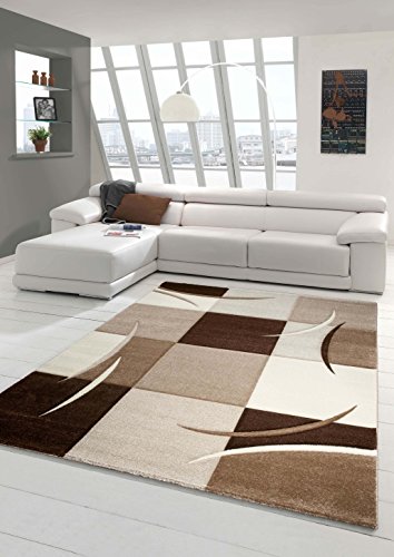 Designer Teppich Moderner Teppich Wohnzimmer Teppich Kurzflor Teppich mit Konturenschnitt Karo Muster Braun Beige Mocca Größe 60x110 cm von Teppich-Traum