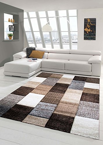 Designer Teppich Moderner Teppich Wohnzimmer Teppich Kurzflor Teppich mit Konturenschnitt Karo Muster Braun Grau Cream Taupe Größe 80x150 cm von Teppich-Traum