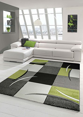 Designer Teppich Moderner Wohnzimmer Kurzflor Mit Konturenschnitt Karo Muster Grün Grau Creme Schwarz Größe 60x110 cm von Teppich-Traum