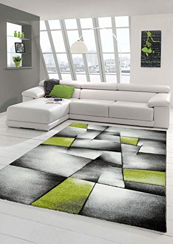 Teppich-Traum Designer Teppich Moderner Teppich Wohnzimmer Teppich Kurzflor Teppich mit Konturenschnitt Karo Muster Grün Grau Weiß Schwarz Größe 80 x 300 cm von Teppich-Traum