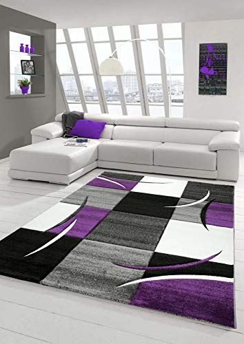 Designer Teppich Moderner Teppich Wohnzimmer Teppich Kurzflor Teppich mit Konturenschnitt Karo Muster Lila Grau Creme Schwarz Größe 80x150 cm von Teppich-Traum