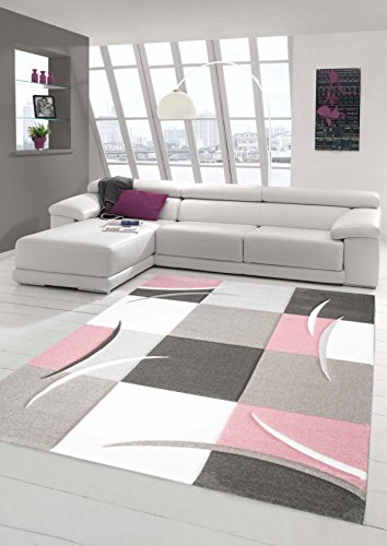 Designer Teppich Moderner Teppich Wohnzimmer Teppich Kurzflor Teppich mit Konturenschnitt Karo Muster Pastellfarben Rosa Creme Beige Dunkelgrau Größe 80 x 300 cm von Teppich-Traum