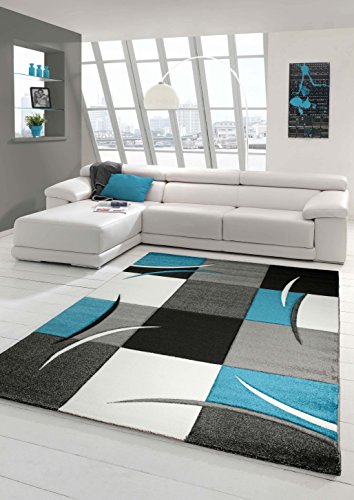 Designer Teppich Moderner Teppich Wohnzimmer Teppich Kurzflor Teppich mit Konturenschnitt Karo Muster Türkis Grau Weiß Schwarz Größe 60x110 cm von Teppich-Traum
