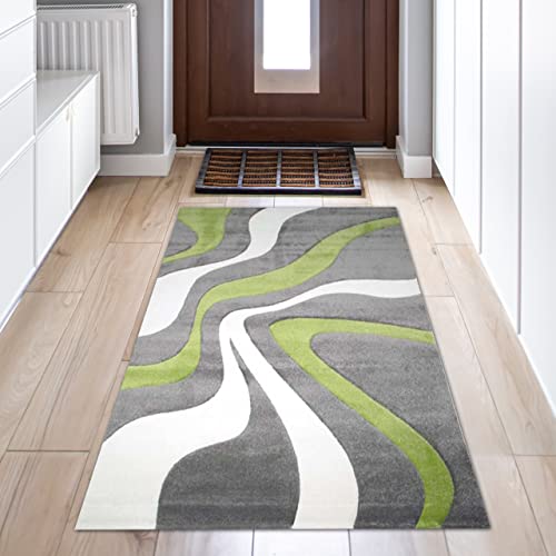 Designer Teppich mit geschwungenen Linien | pflegeleicht | grün grau weiß, 60 x 110 cm von Teppich-Traum