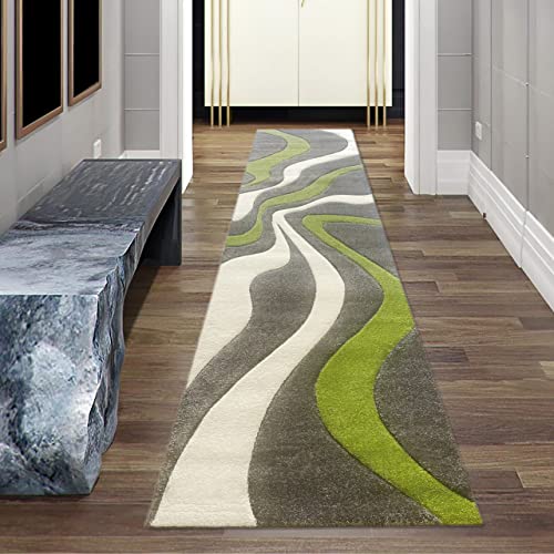 Designer Teppich mit geschwungenen Linien | pflegeleicht | grün grau weiß, 80 x 300 cm von Teppich-Traum