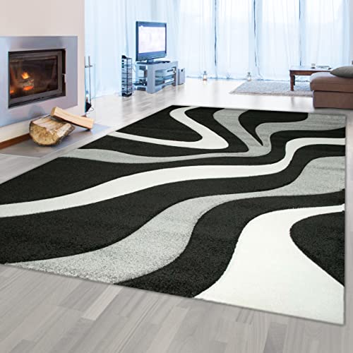 Designer Wohnzimmer Teppich mit Wellenmuster | pflegeleicht | schwarz grau & weiß, 200 x 290 cm von Teppich-Traum