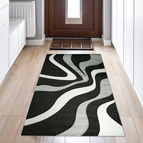Designer Wohnzimmer Teppich mit Wellenmuster | pflegeleicht | schwarz grau & weiß, 60 x 110 cm von Teppich-Traum