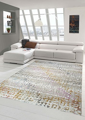 Designer und Moderner Teppich Kurzflor Wohnzimmerteppich in Lila Senfgelb Türkis Größe 80x150 cm von Teppich-Traum