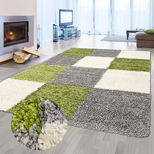 Flauschiger Shaggy-Teppich Hochflor mit Karomuster in grün grau Creme 160x230cm von Teppich-Traum