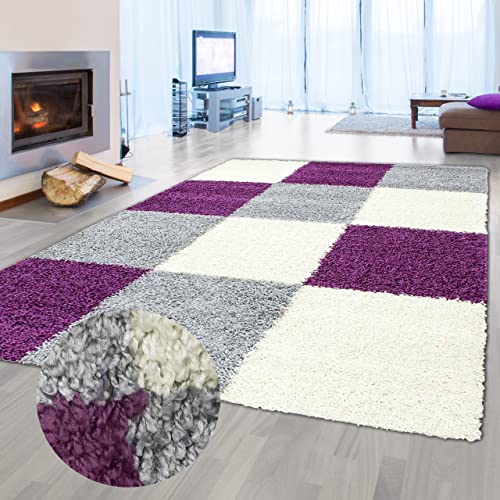 Flauschiger Shaggy-Teppich Hochflor mit Karomuster in lila grau Creme 200x290cm von Teppich-Traum