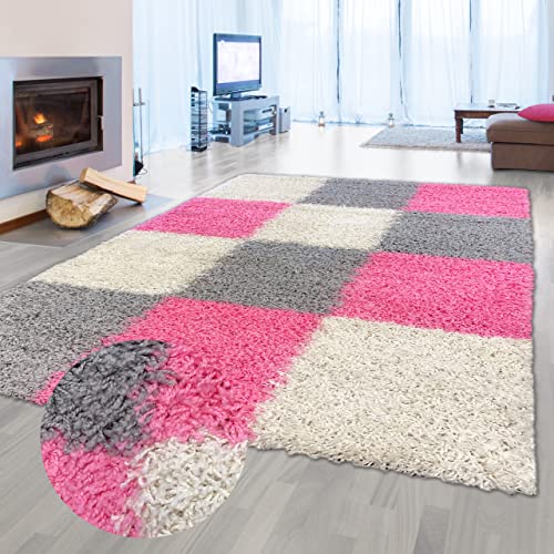 Flauschiger Shaggy-Teppich Hochflor mit Karomuster in rosa grau Creme 160x230cm von Teppich-Traum