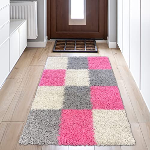 Flauschiger Shaggy-Teppich Hochflor mit Karomuster in rosa grau Creme 80x150cm von Teppich-Traum