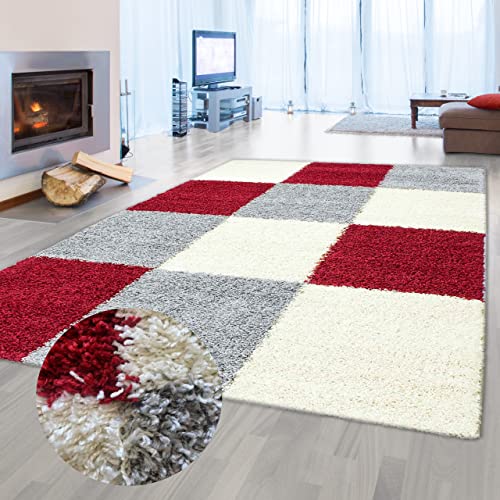 Flauschiger Shaggy-Teppich Hochflor mit Karomuster in rot grau Creme 200x290cm von Teppich-Traum