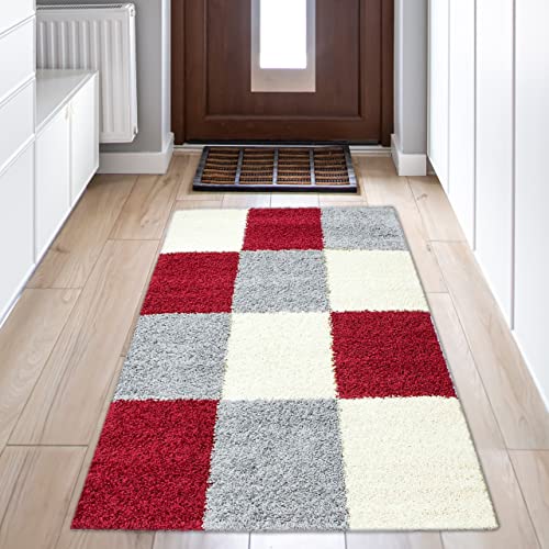 Flauschiger Shaggy-Teppich Hochflor mit Karomuster in rot grau Creme 80x150cm von Teppich-Traum