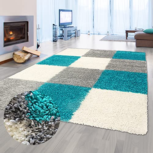 Flauschiger Shaggy-Teppich Hochflor mit Karomuster in türkis grau Creme 120x170cm von Teppich-Traum