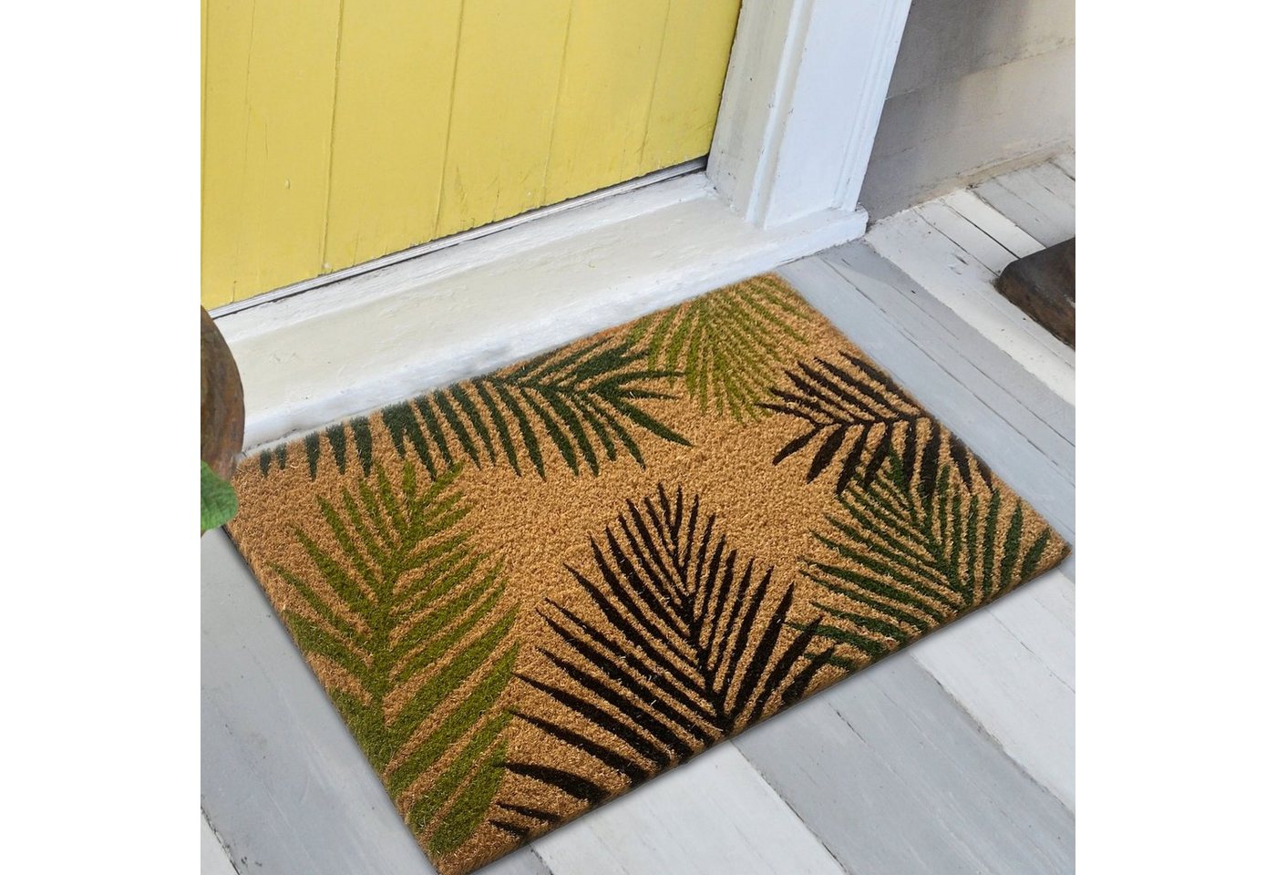 Fußmatte Exotischer Kokos Schuhabstreifer mit Palmenblättern in grün, Teppich-Traum, Rechteck von Teppich-Traum