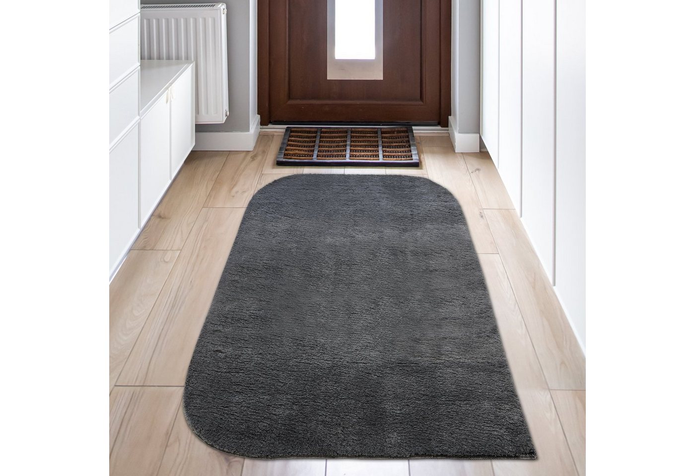 Hochflor-Teppich Einfarbiger Designer Teppich mit runden Ecken – anthrazit, Teppich-Traum, rechteckig, Höhe: 16 mm von Teppich-Traum