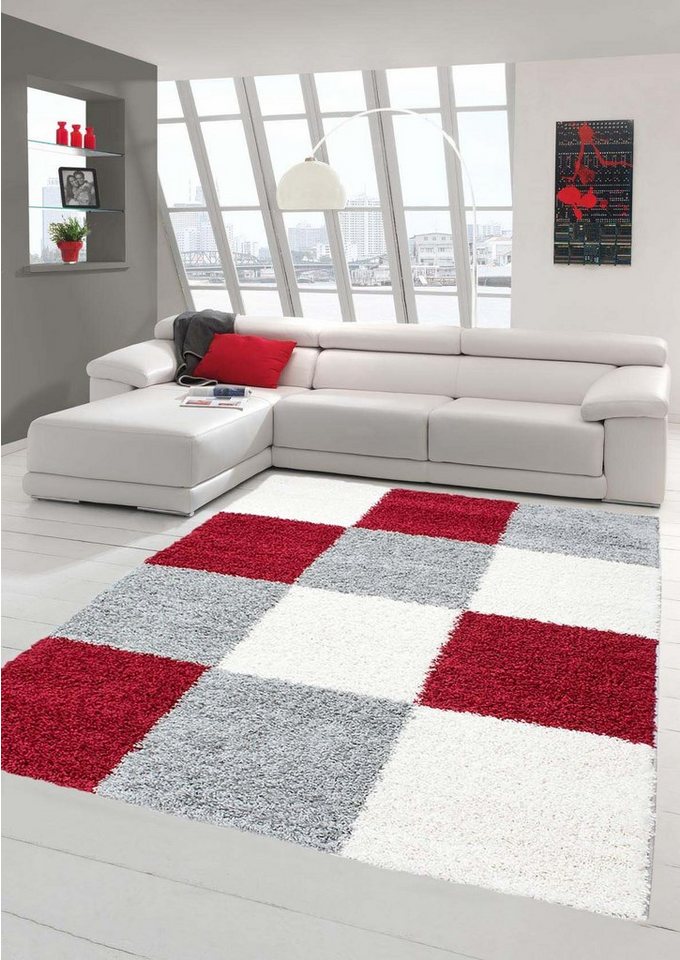 Hochflor-Teppich Shaggy Teppich Hochflor Langflor Teppich Wohnzimmer Teppich Gemustert in Karo Design Rot Grau Creme, Teppich-Traum, rechteckig, Höhe: 30 mm von Teppich-Traum