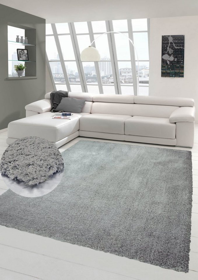 Hochflor-Teppich Shaggy Teppich Micro Polyester Hochflor Langflor Teppich Wohnzimmer Teppich Gemustert in Uni Design Grau, Teppich-Traum, rechteckig, Höhe: 40 mm von Teppich-Traum