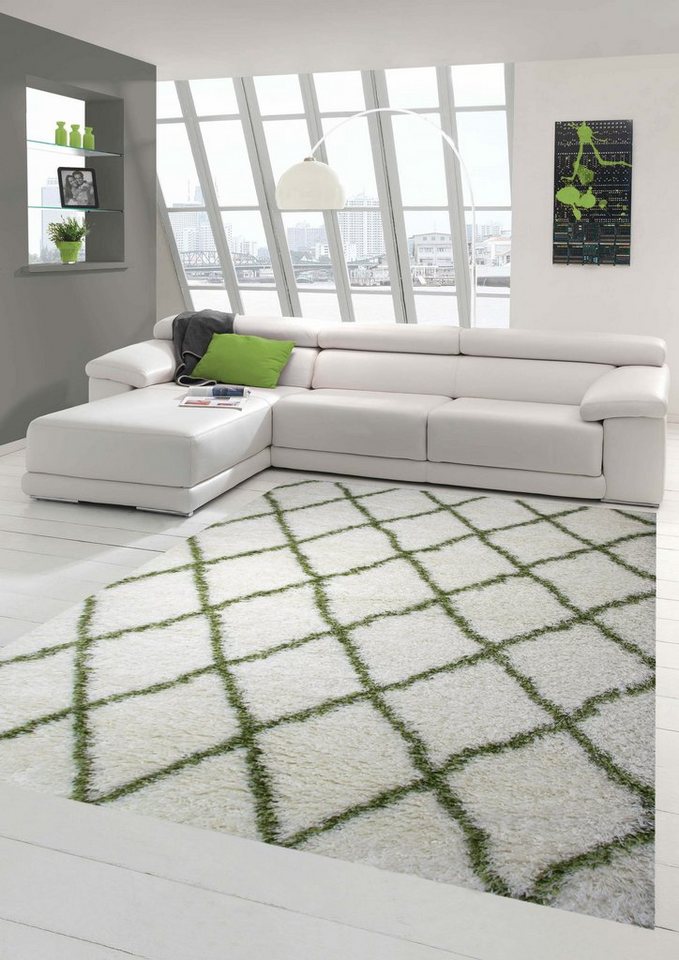 Hochflor-Teppich Shaggy Wohnzimmerteppich Hochflor Langflor Rautenmuster in Creme Grün, Teppich-Traum, rechteckig von Teppich-Traum