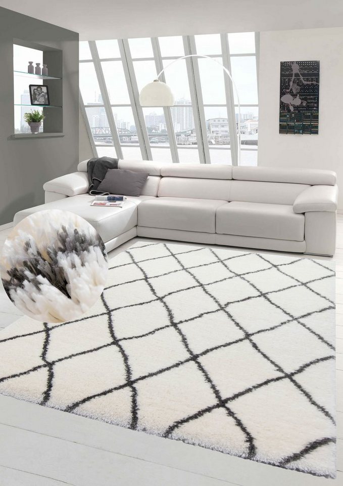 Hochflor-Teppich Teppich Shaggy Hochflor Teppich Langflor Rautenmuster in creme grau, Teppich-Traum, rechteckig, Höhe: 40 mm von Teppich-Traum