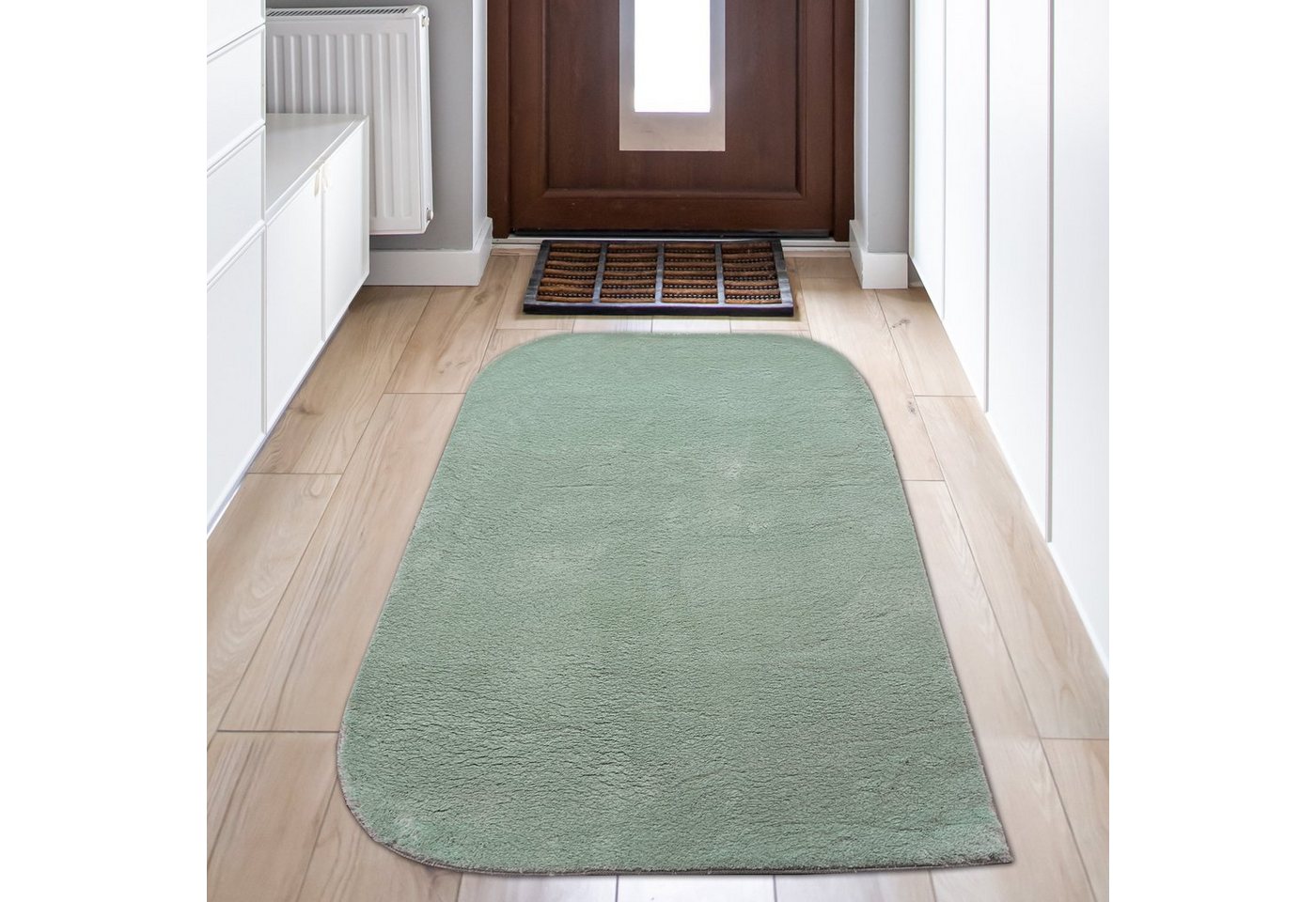 Hochflor-Teppich Waschbarer Schlafzimmerteppich – abgerundete Ecken – grün, Teppich-Traum, rechteckig, Höhe: 16 mm von Teppich-Traum