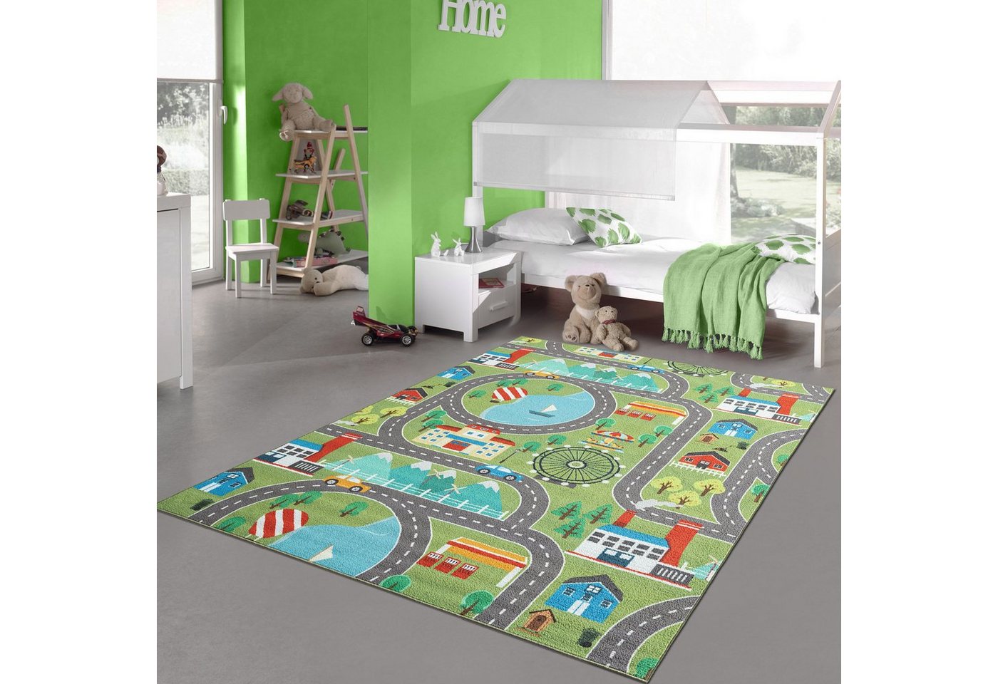 Kinderteppich Kinder Spielteppich mit Stadtlandschaft auf Wiese in grün, Teppich-Traum, rechteckig, Höhe: 7 mm von Teppich-Traum