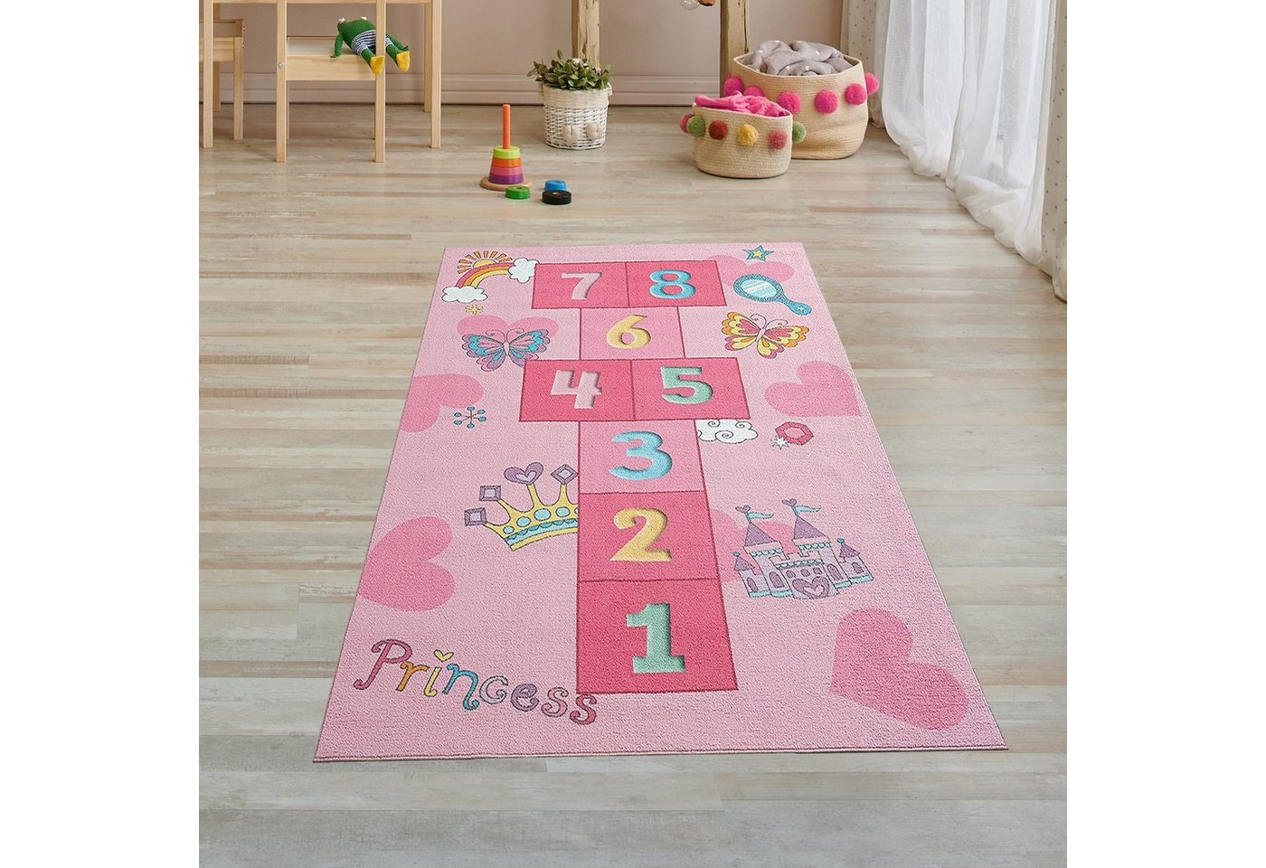 Kinderteppich Prinzessinnen Hüpfspiel Kinder Spielteppich mit Herzen in pink, Teppich-Traum, rechteckig, Höhe: 5 mm von Teppich-Traum