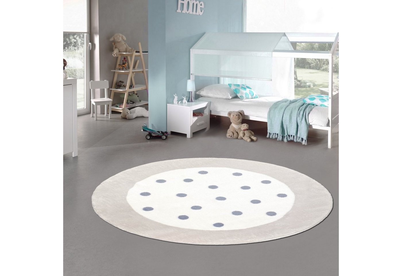 Kinderteppich Runder Kinder-Teppich mit Punkte und Umrandung creme, grau, Teppich-Traum, rechteckig von Teppich-Traum