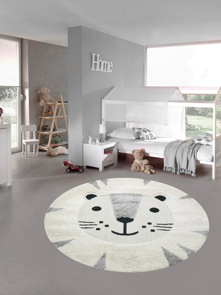 Kinderteppich Kinderzimmer Teppich Baby Spielteppich 3D Optik High Low Effekt Katzenmotiv creme grau weiß, Teppich-Traum, Rund, Höhe: 20 mm von Teppich-Traum