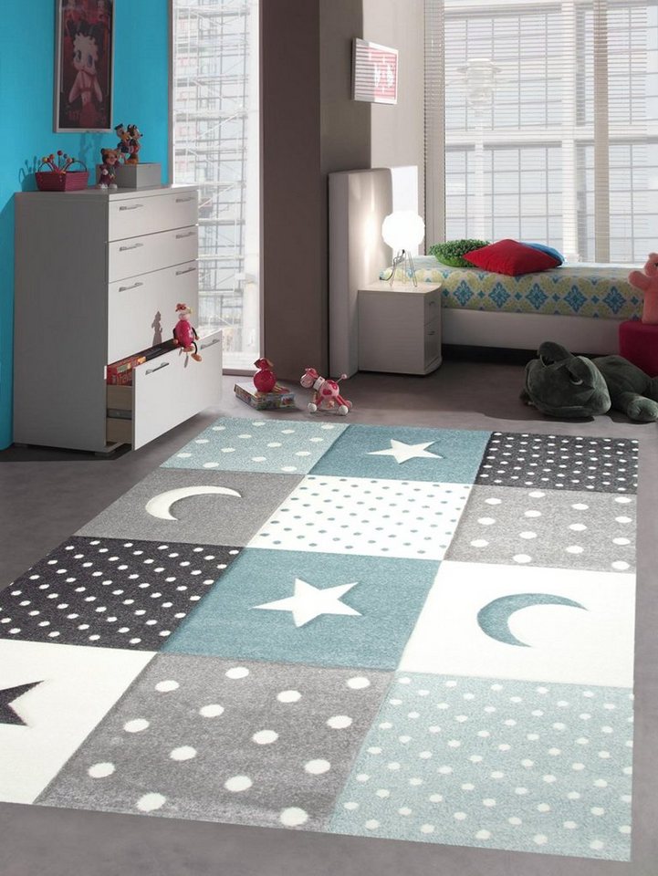 Kinderteppich Kinderzimmer Teppich Spiel & Baby Teppich Punkte Sterne Mond Design in blau türkis grau creme, Teppich-Traum, rechteckig, Höhe: 13 mm von Teppich-Traum