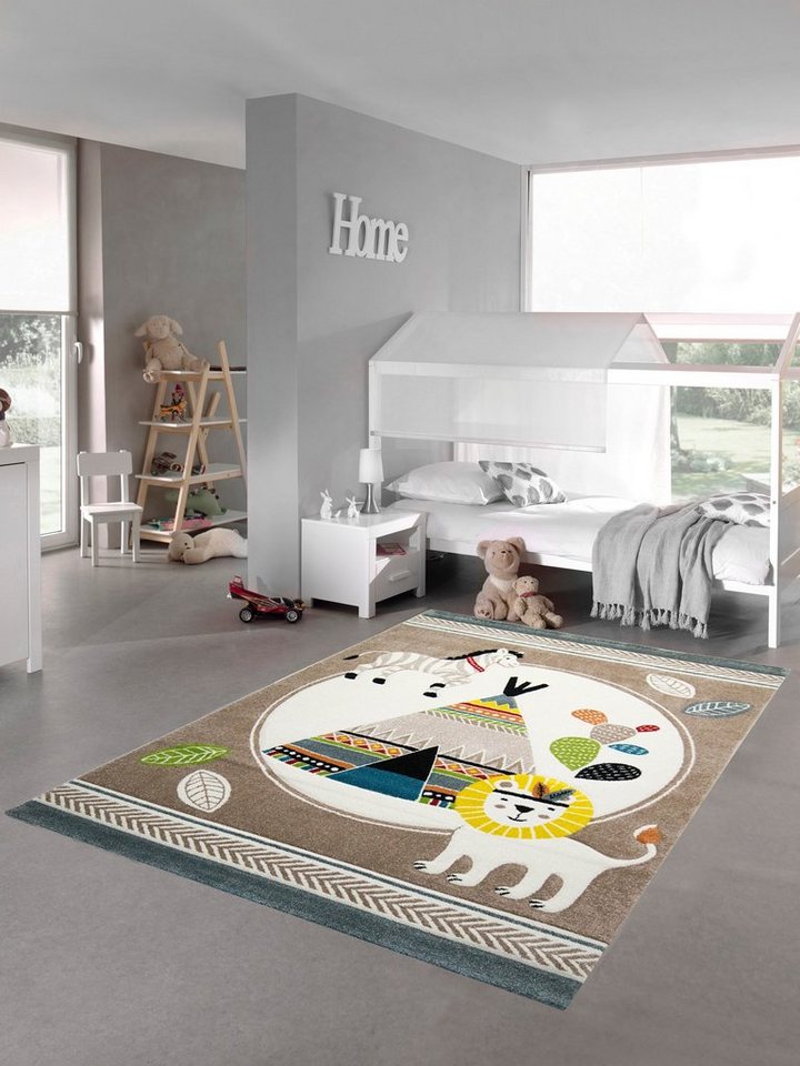 Kinderteppich Kinderzimmer Teppich Spielteppich Zelt Löwe Zebra Kaktus beige blau creme braun, Teppich-Traum, rechteckig, Höhe: 13 mm von Teppich-Traum