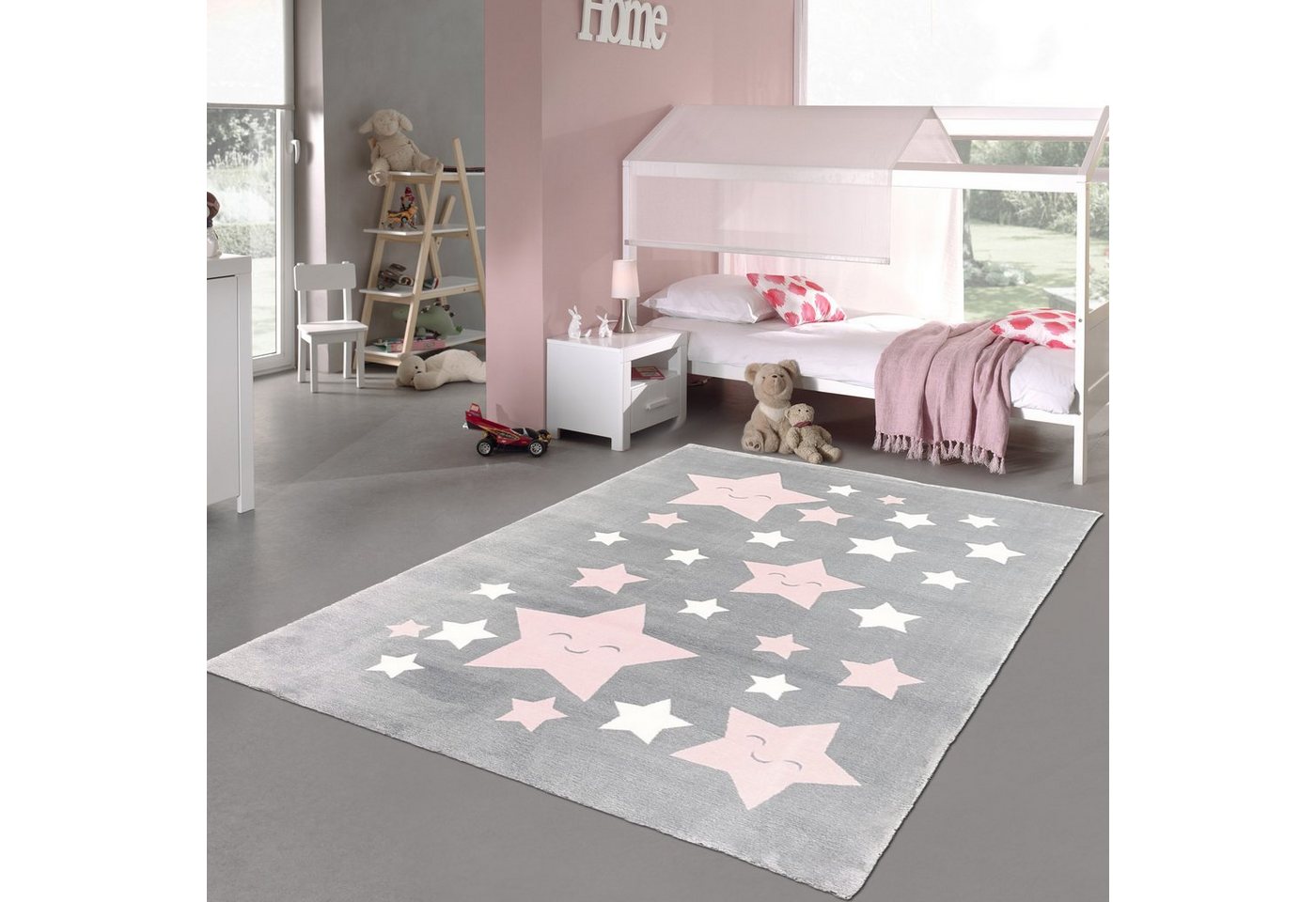 Kinderteppich Kinderzimmer-Teppich weich rosa-weißen Sternen in anthrazit, Teppich-Traum, rechteckig, Rundherum gekettelt, Allergiker-freundlich von Teppich-Traum