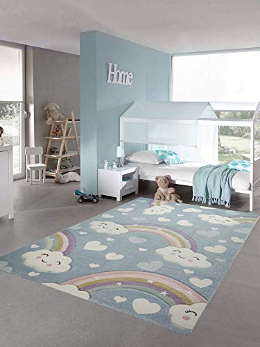 Teppich-Traum Kinderteppich Kinderzimmerteppich Regenbogen mit Wolken und Herzen in blau Größe 120x170 cm von Teppich-Traum