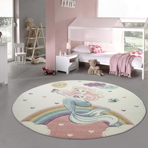 Kinderteppich Meerjungfrau Kinderzimmer Teppich Prinzessin Pastell Größe 120 cm Rund von Teppich-Traum