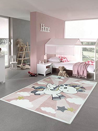 Kinderteppich Spielteppich Babyteppich mit Einhorn Regenbogen in Rosa Creme Größe 140x200 cm von Teppich-Traum
