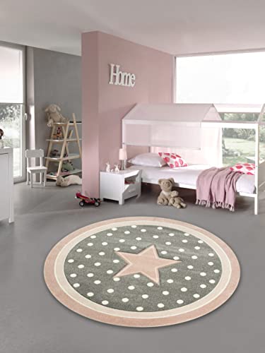 Kinderteppich Spielteppich Babyteppich rund mit Stern in Rosa Grau Weiss Größe 80 cm Rund von Teppich-Traum