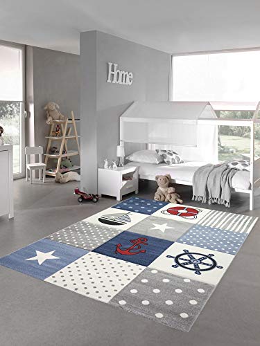 Kinderteppich Spielteppich Junge Teppich Maritim kariert in blau Creme grau Größe 140x200 cm von Teppich-Traum