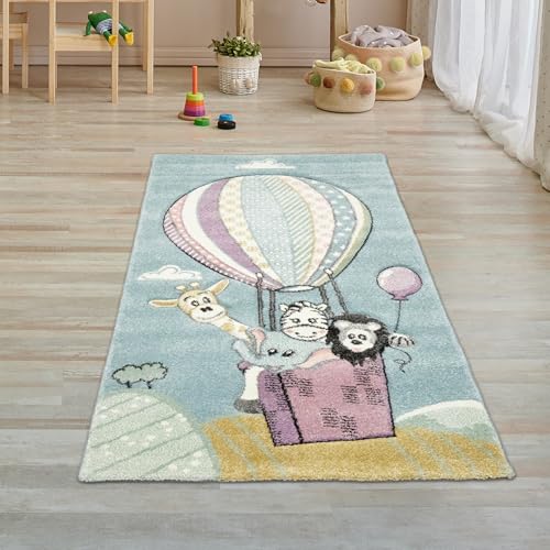 Kinderteppich Spielteppich Teppich Heißluftballon Tiere in Pastell blau Größe 80x150 cm von Teppich-Traum