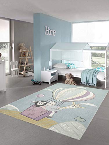 Kinderteppich Spielteppich Teppich Heißluftballon Tiere in Pastell blau Größe 160x230 cm von Teppich-Traum
