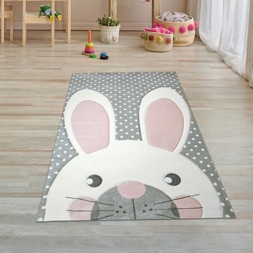 Kinderteppich Spielteppich Teppich Kinderzimmer Babyteppich Hase in Grau Weiss Rosa (80x150 cm) von Teppich-Traum